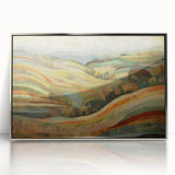 Mid-century modernist art depicting a silver-framed acrylic print of an abstract fall scene in warm orange and brown tones.