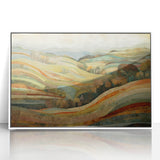 Art deco poster of autumn trees in vibrant orange and yellow hues, framed in white acrylic.