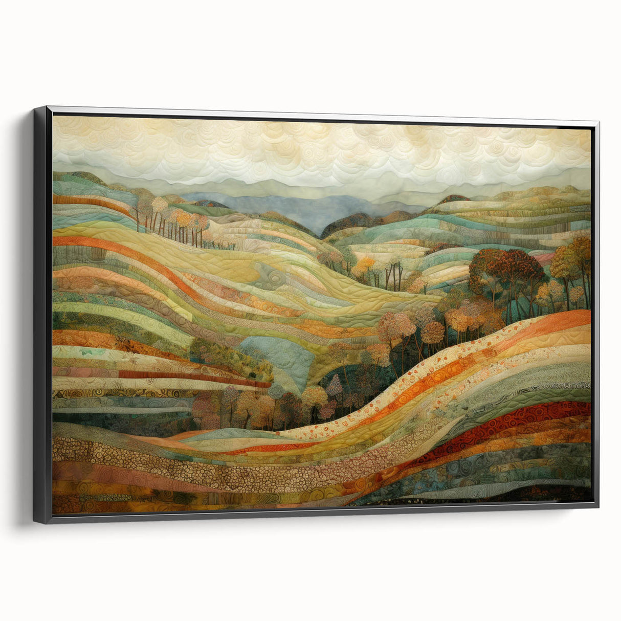 Black and white landscape art painting of trees in autumn on framed canvas, ideal for bedroom wall decor.