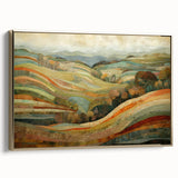 Framed canvas depicting a vintage landscape painting with autumnal trees in gold and black tones.
