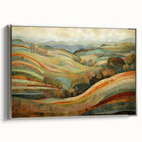 Framed canvas featuring a vintage-style landscape art painting with colorful autumn trees and a silver frame.