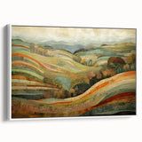 Vintage poster art of an autumnal scene in vibrant orange and red on a framed canvas, suitable for living room decor.