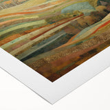 Art deco poster featuring a stylized autumn tree in warm orange and brown tones on a rolled canvas.