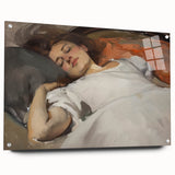 Abstract figurative artwork displayed on acrylic glass, showcasing vibrant colors and intricate details, presented in a side view with decorative pins for an elegant touch.