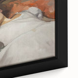 Close-up of a framed abstract figurative canvas artwork showcasing vibrant colors and dynamic shapes, perfect for modern home decor and artistic expression.