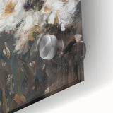 Vibrant abstract floral design on acrylic glass, showcasing intricate details in shades of blue, pink, and gold, perfect for modern home decor.