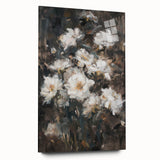 Colorful abstract floral acrylic artwork displayed in a glass frame, showcasing vibrant hues of pink, blue, and green, ideal for modern home decor.