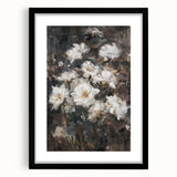 Abstract floral framed artwork in a sleek black mat, showcasing vibrant colors and intricate designs, perfect for modern home decor or gallery displays.