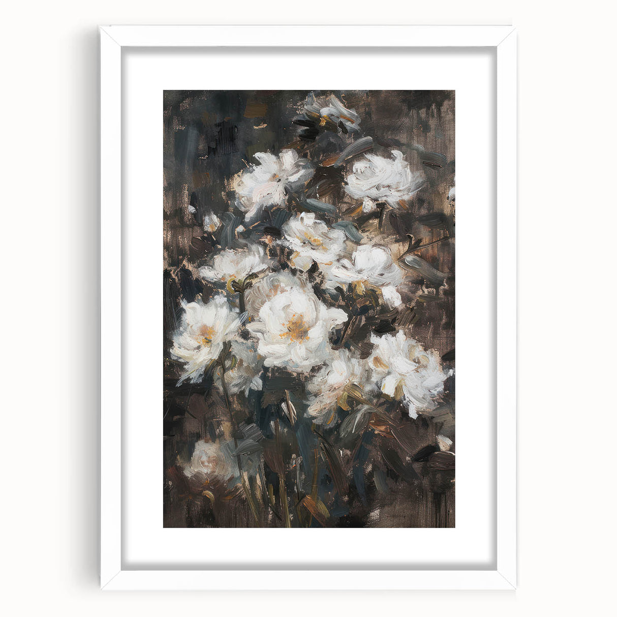 Abstract floral frame artwork showcasing vibrant colors and intricate designs, presented in a sleek white mat. Ideal for modern home decor or office settings.