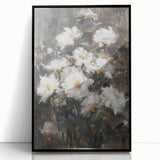 Framed acrylic artwork featuring an abstract floral design in vibrant colors, set against a sleek black frame, perfect for modern home decor.
