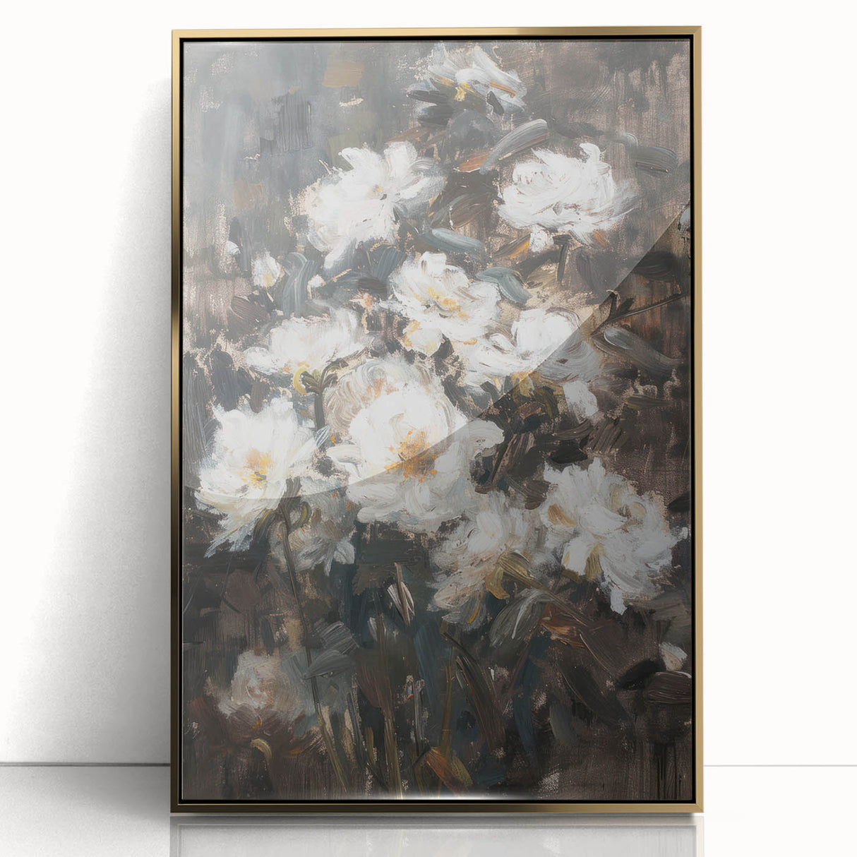 Framed abstract floral artwork in vibrant colors, featuring intricate gold accents against a light background, perfect for modern home decor.