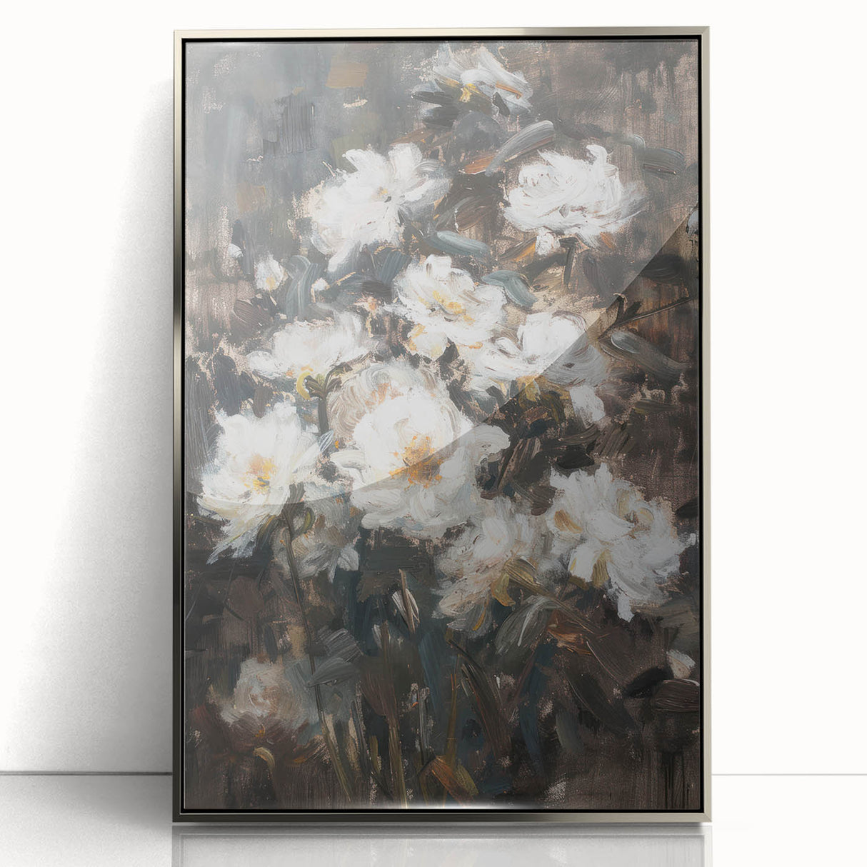 Framed acrylic artwork showcasing abstract floral designs in vibrant colors, displayed in a sleek silver frame, perfect for modern home decor.