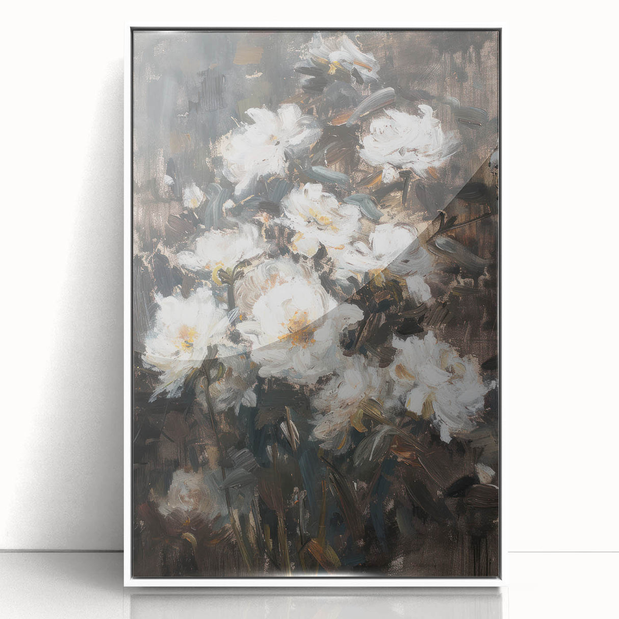 Framed acrylic artwork showcasing vibrant abstract florals in shades of blue and pink against a sleek white background, ideal for modern home decor.