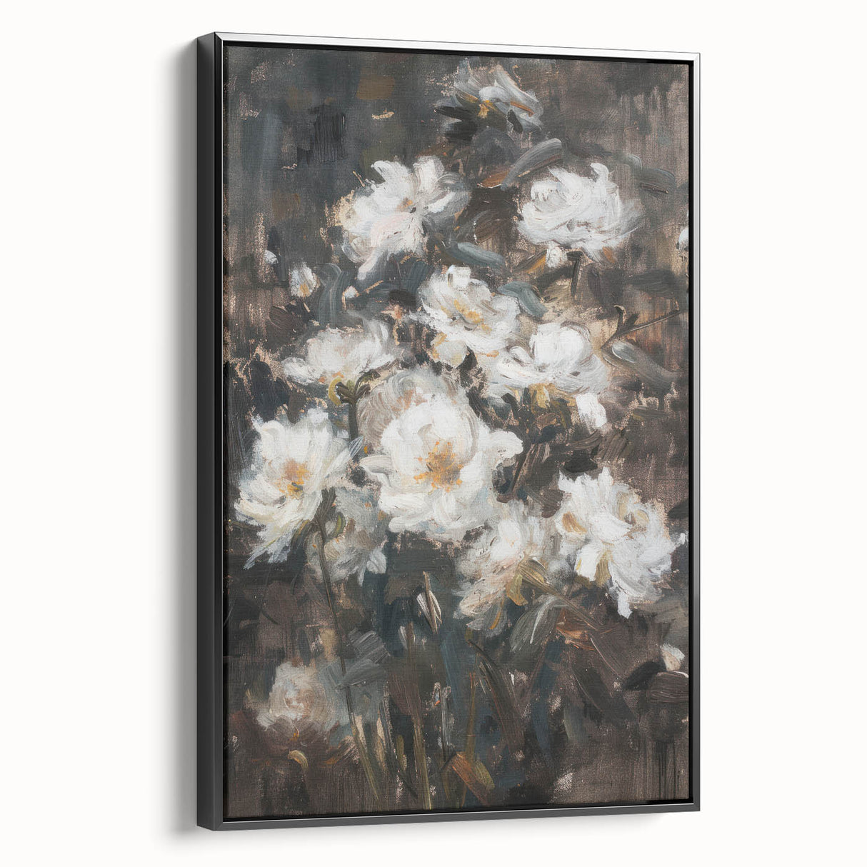 Framed canvas artwork displaying an abstract floral design in vibrant colors, set against a sleek black frame, perfect for modern home decor.