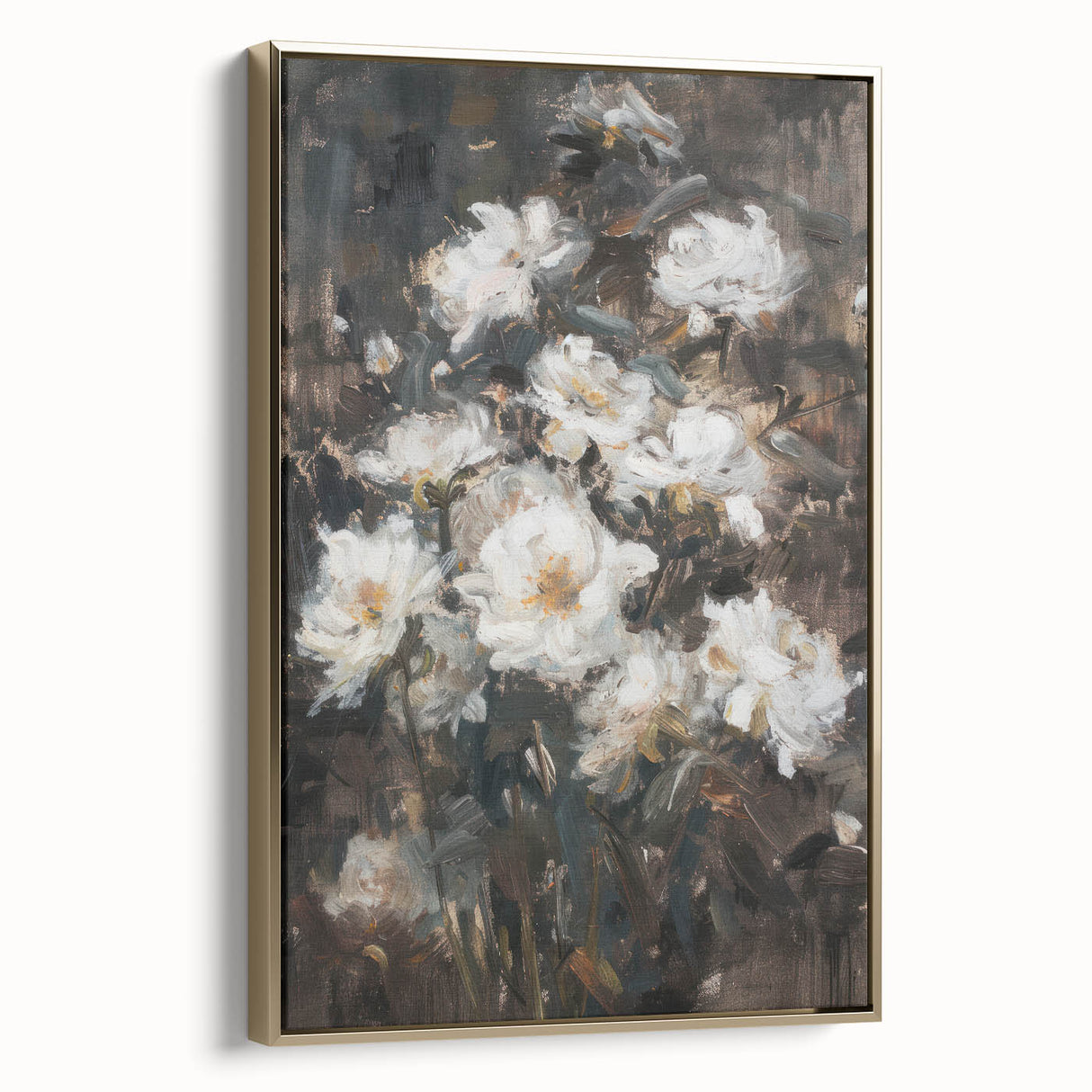 Framed canvas artwork showcasing an abstract floral design in vibrant colors, featuring gold accents and a sleek side view, perfect for modern decor.