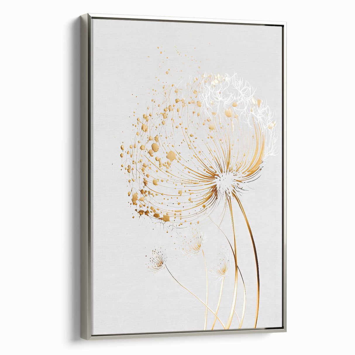 Framed abstract floral canvas art with silver accents, showcasing vibrant colors and intricate patterns, perfect for modern home decor.
