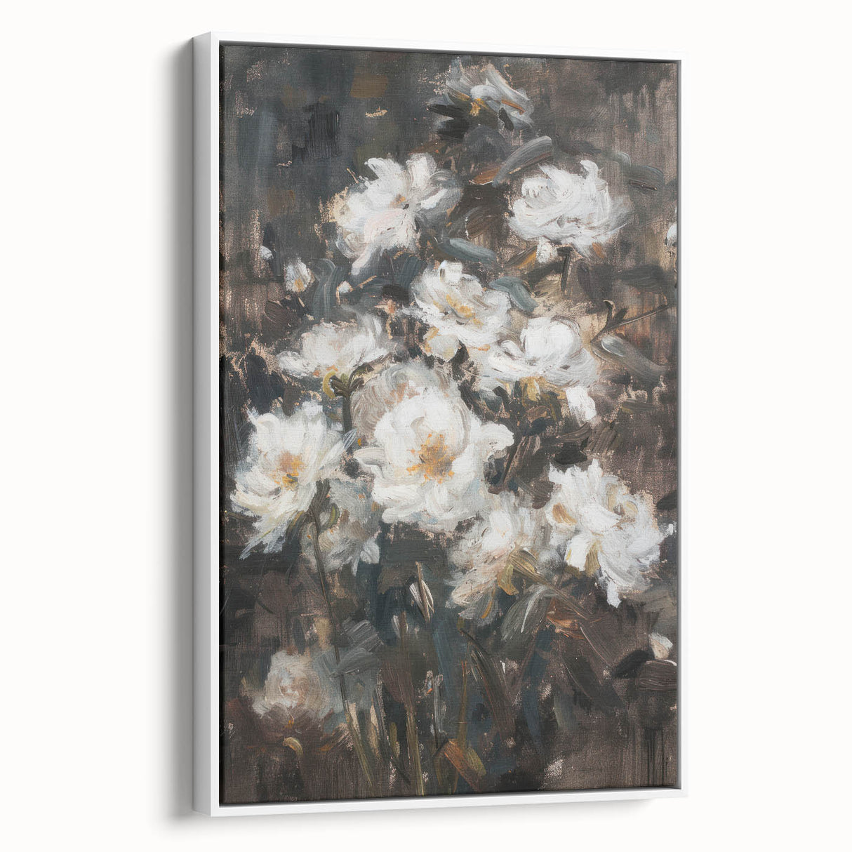 Framed canvas artwork showcasing vibrant abstract florals in a modern design, presented in a sleek white frame, ideal for contemporary home decor.