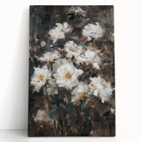 Abstract floral design on a stretched canvas, featuring vibrant colors and intricate patterns, leaning against a neutral wall, perfect for modern home decor.