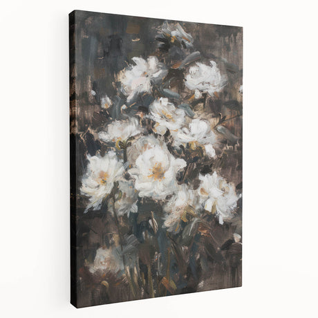 Abstract floral stretched canvas artwork showcasing vibrant colors and intricate patterns, elegantly displayed in a side view to highlight its depth and texture. Perfect for modern home decor and art enthusiasts seeking a touch of nature-inspired elegance.