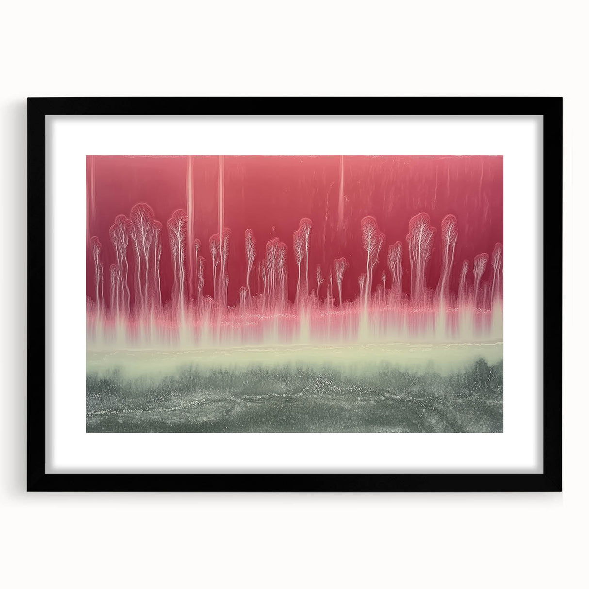 Abstract landscape artwork framed in a sleek black mat, showcasing vibrant colors and textured details, perfect for modern home decor. Ideal for art enthusiasts seeking a contemporary touch.