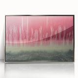 Framed abstract landscape artwork in silver acrylic, showcasing vibrant colors and fluid shapes, ideal for modern home decor. Perfect for enhancing contemporary interiors.