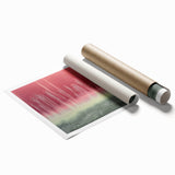 Abstract landscape rolled print showcasing vibrant colors of blue, orange, and green, featuring a textured design that evokes a serene natural scene, ideal for modern home decor.