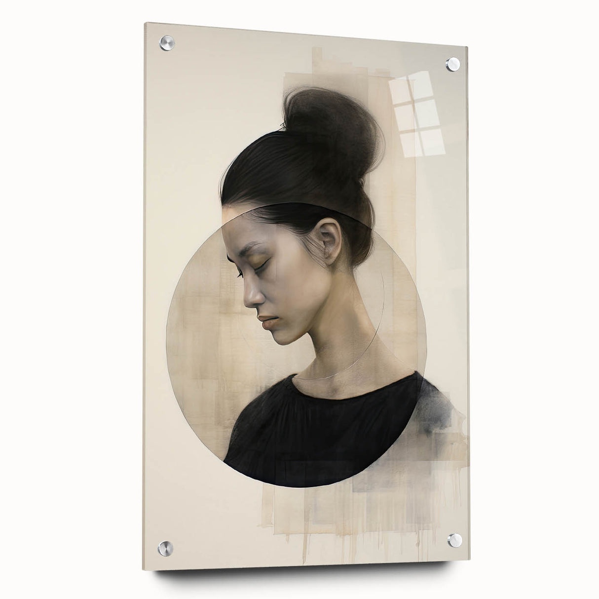 Abstract minimalist wall art design displayed in a side view, showcasing a sleek acrylic glass frame with visible pins, perfect for modern decor.