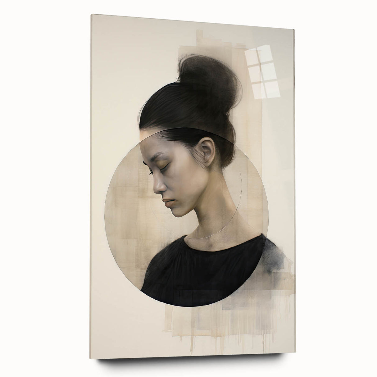 Abstract minimalist wall art displayed in a sleek acrylic frame, showcasing fluid shapes in muted colors, perfect for modern home decor.