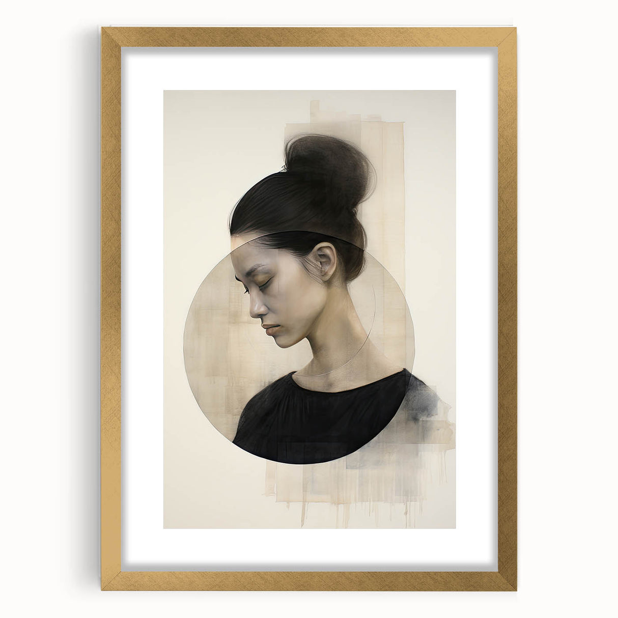 Abstract minimalist wall art framed with a gold mat, showcasing geometric shapes in soft pastel colors, perfect for modern home decor and gallery walls.