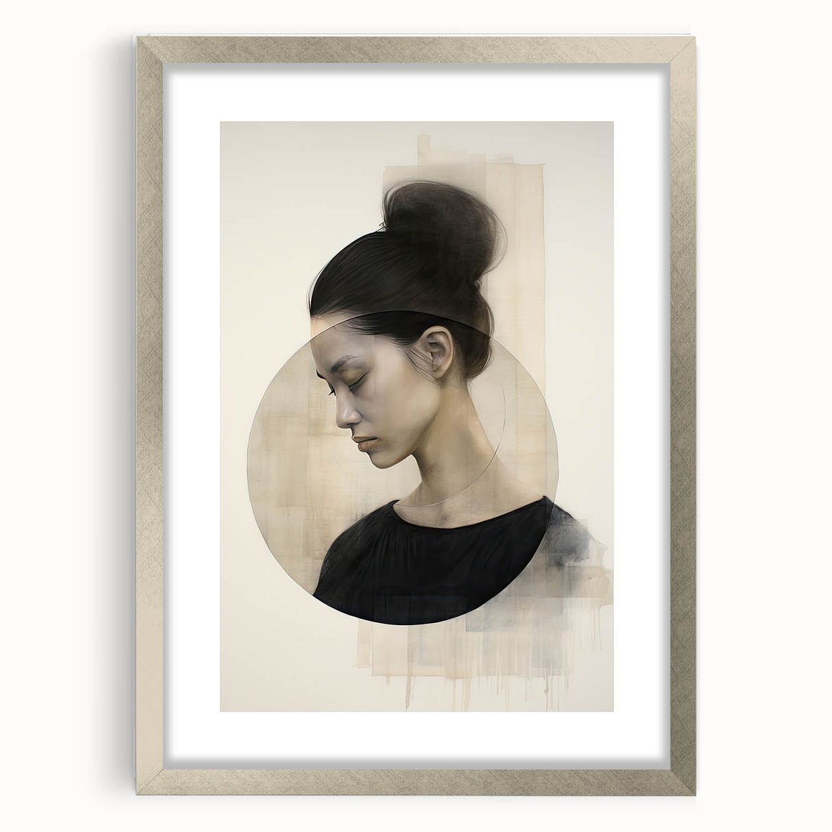 Abstract minimalist wall art framed in silver with a mat, showcasing soft geometric patterns in muted tones, perfect for modern home decor.