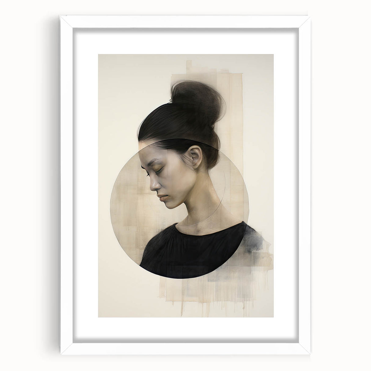 Abstract minimalist wall art framed in white with a mat, showcasing geometric patterns and soft colors. Ideal for modern home decor and artistic interiors.