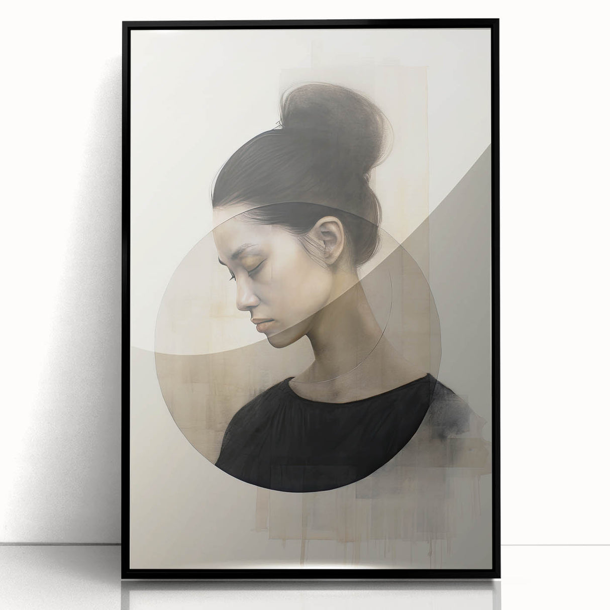 Framed abstract minimalist wall art featuring a sleek black design, showcased from the front view. Ideal for modern decor, enhancing any room's aesthetic with its contemporary style and elegant simplicity. Perfect for art enthusiasts seeking to elevate their living spaces.