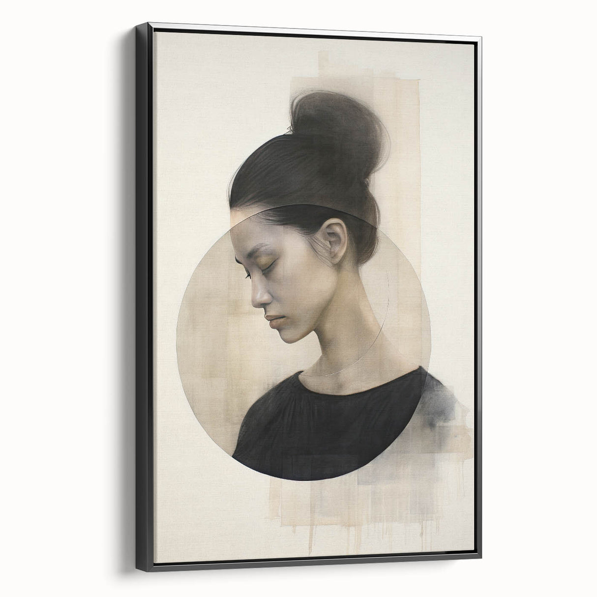 Framed abstract minimalist wall art featuring a sleek black design, showcasing a side view that highlights its modern aesthetic and elegant simplicity, perfect for contemporary decor.