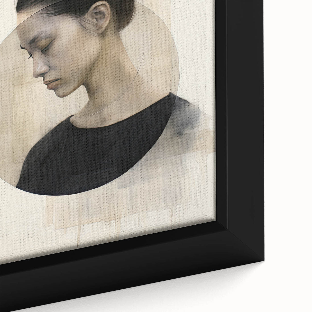Close-up of a framed abstract minimalist wall art piece, showcasing soft pastel colors and intricate geometric patterns, perfect for modern home decor.
