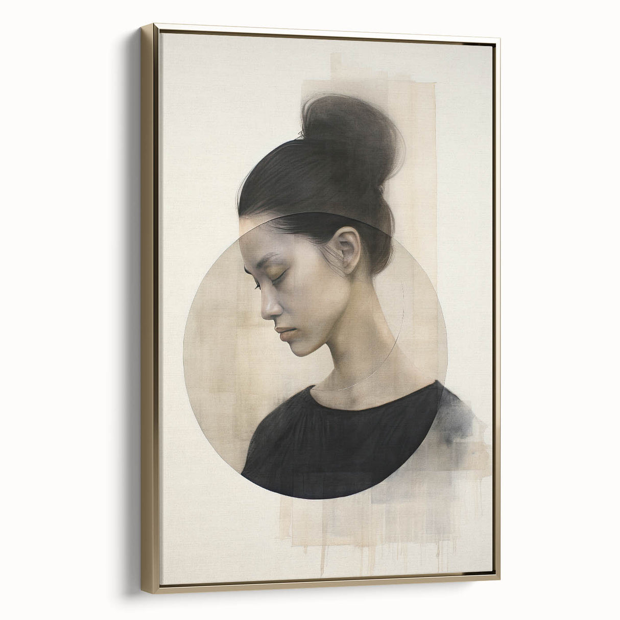 Abstract minimalist wall art in a gold frame, showcasing soft geometric shapes and muted tones, perfect for modern decor and enhancing any living space.