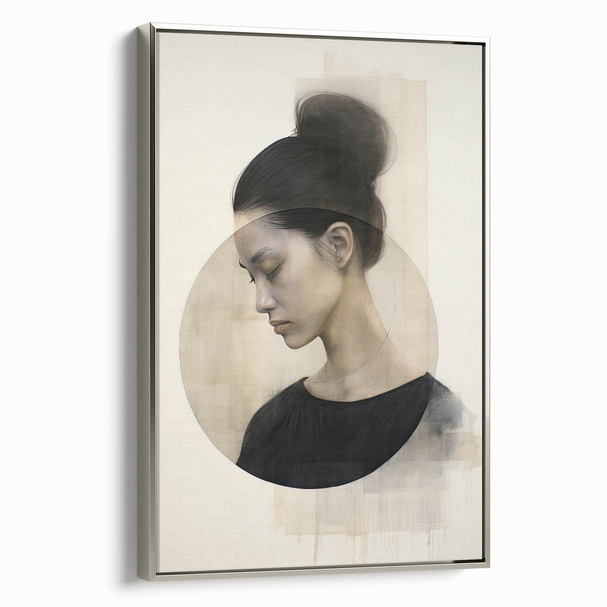 Abstract minimalist wall art featuring a silver-framed canvas with geometric shapes, perfect for modern decor. Ideal for enhancing contemporary living spaces.