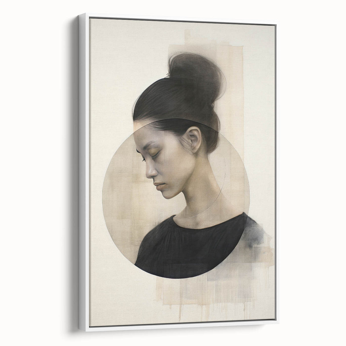 Abstract minimalist wall art framed canvas in white, showcasing a sleek side view with clean lines and modern design, perfect for contemporary decor.
