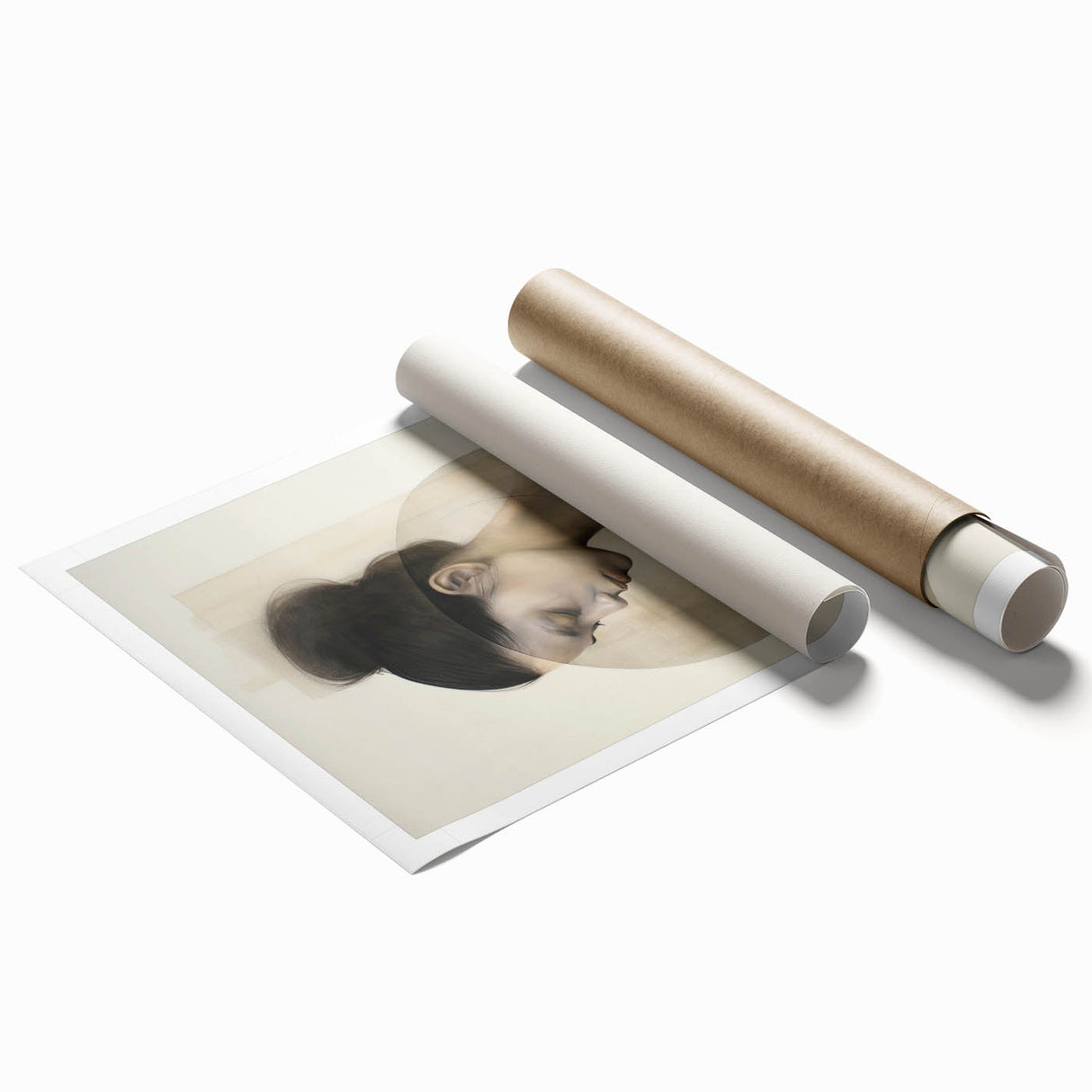 Abstract minimalist wall art print showcasing soft beige and gray tones, elegantly rolled and ready for display, emphasizing modern design aesthetics.