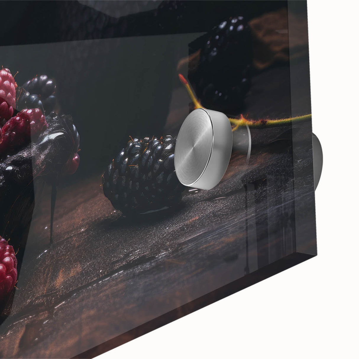 Large abstract wall art featuring assorted fruits in vibrant colors on acrylic glass, ideal for dining room decor.