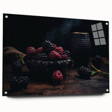 Acrylic print of large abstract wall art featuring assorted fruits in vibrant colors, suitable for dining room decor.