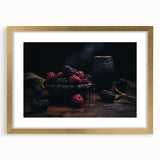 Extra large abstract art print featuring textured fruits in vibrant colors, framed in gold, ideal for living room decor.