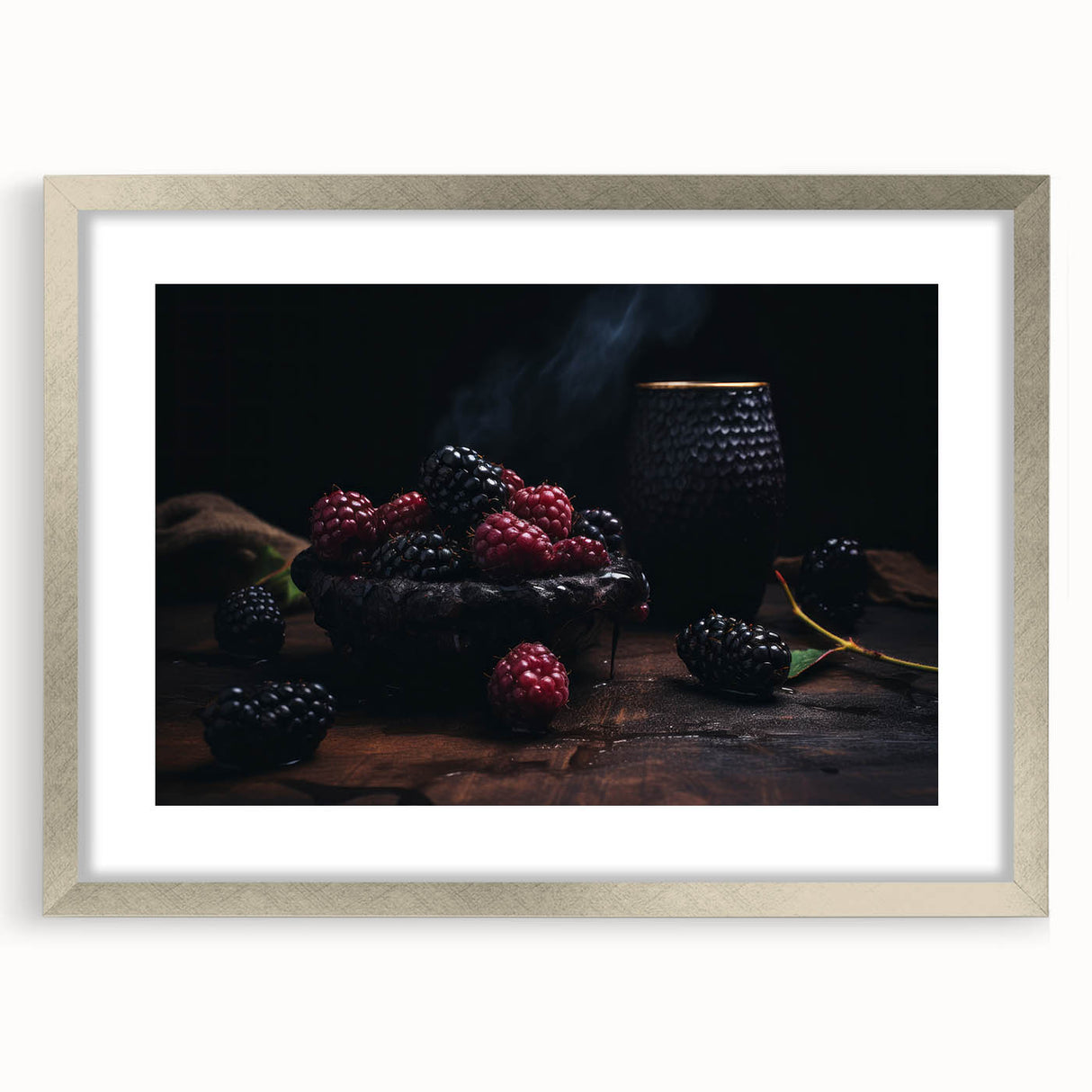 Textured art print featuring an abstract array of fruits in muted earth tones, framed in silver.