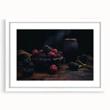 Abstract art print featuring assorted fruits in vibrant colors on a white framed canvas, suitable for dining room decor.