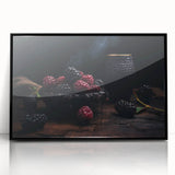 Large abstract wall art featuring assorted fruits in bold colors on a black acrylic framed print.