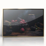 Large art print of assorted fruits in bold colors on acrylic, framed in gold, fitting for modern nursery decor.