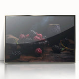 Mid-century modernist art featuring an array of fruits in vibrant colors on a silver-framed acrylic print.