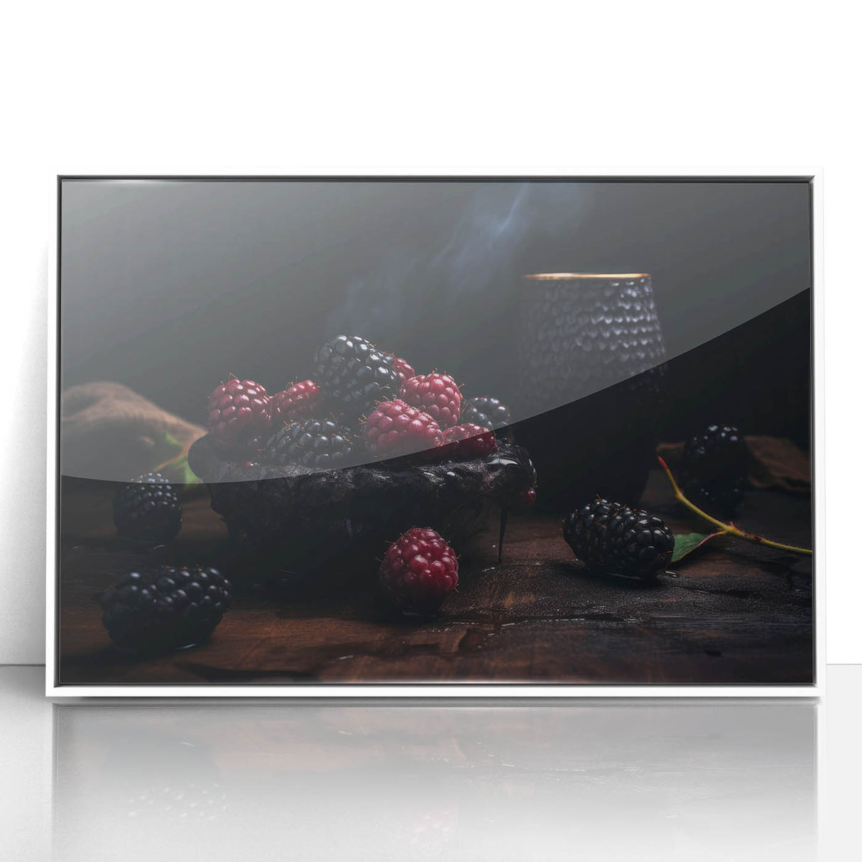 Art Deco poster featuring an array of fruits in vibrant colors on a white acrylic framed print.