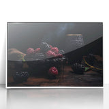 Art Deco poster featuring an array of fruits in vibrant colors on a white acrylic framed print.