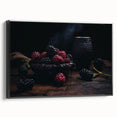 Black and white wall art featuring a vintage poster of assorted fruits, framed canvas, ideal for bedroom decor.