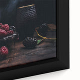Extra large black wall art on canvas featuring a close-up of colorful, textured fruits, ideal for living room decor.